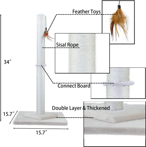 Miniatura 2 de Hutpet Poste rascador para gatos de 34 pulgadas de alto, doble base y diseño de refuerzo, postes de sisal para rascar árboles con juguetes de plumas