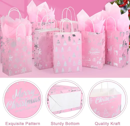 Miniatura 4 de Pasimy 24 bolsas de regalo de Navidad rosadas con papel de seda, bolsa de papel de dulces de Navidad rosa con lámina metálica plateada de copo
