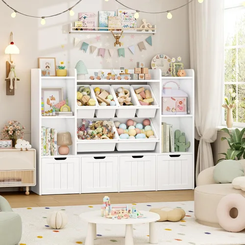 Miniatura 2 de FINETONES Organizador de almacenamiento de juguetes de 55.1 pulgadas con 6 cubos de juguetes, organizador grande de juguetes, estantería para niños