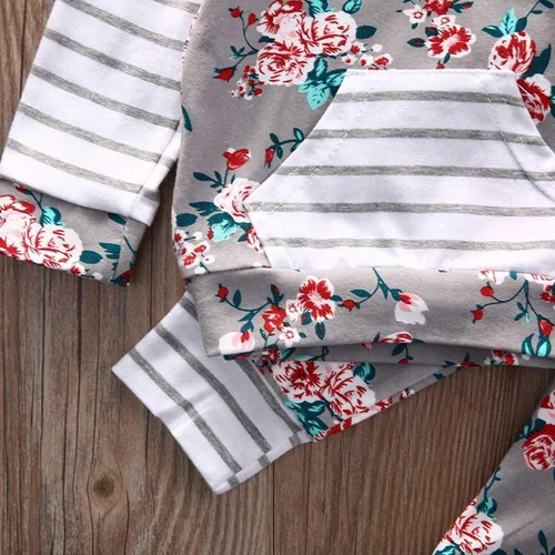 Miniatura 4 de Conjunto de dos piezas con sudadera de flores, con capucha, bolsillo y pantalones a rayas, para bebé (niña), 0-6 meses, gris