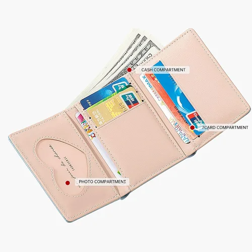 Miniatura 3 de LJCZKA Bonita cartera pequeña para niñas y mujeres, bloqueo RFID, piel sintética, tres plegadas, bolsillo para efectivo con tarjetero y billetera