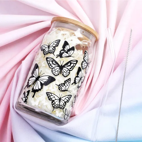 Miniatura 6 de Nefelibata Vaso de cerveza de vidrio con diseño de mariposa que cambia de color, 16 onzas, diseño de cola de golondrina pastel, con tapa, pajita