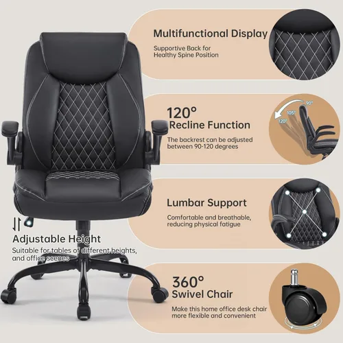Miniatura 7 de YFO Silla ergonómica de cuero para oficina en casa, silla de oficina ejecutiva giratoria con soporte trasero con ruedas y reposabrazos abatibles
