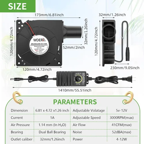 Miniatura 4 de Ventilador eléctrico pequeño de 4.724 in x 1.260 in para barbacoa de 12 V con controlador para soplador de aire de jaula de ardilla, ventilación