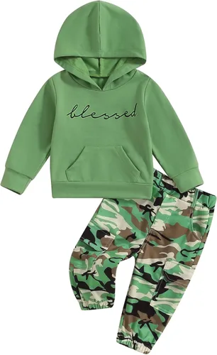 Miniatura 122 de Mandizy Conjunto de ropa de otoño para bebé niña pequeña, sudadera de manga larga con estampado de letras bendecidas, pantalones de camuflaje