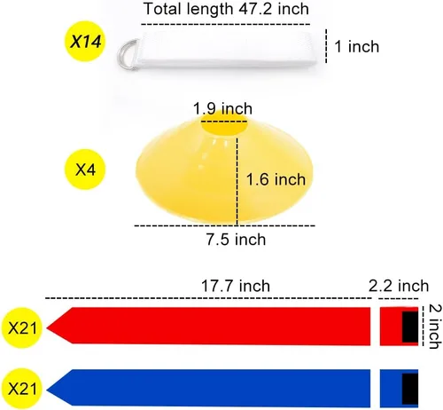 Juego de fútbol con bandera para jugadores, 14 cinturones resistentes y duraderos con 42 banderas, 4 conos adicionales y 1 bolsa con cordón (21