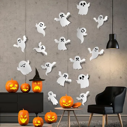 Calcomanías 3D de fantasmas de Halloween, 42 unidades, reutilizables, autoadhesivas, blancas, para decoración de pared, suministros de fiesta para