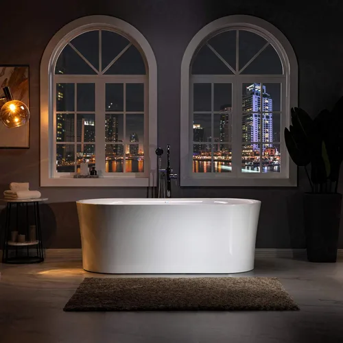 WOODBRIDGE Bañera independiente de acrílico con burbujas de aire de 67 pulgadas, bañera de remojo contemporánea, acrílico blanco con drenaje y