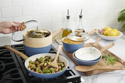 Miniatura 2 de GoodCook Juego de utensilios de cocina de cerámica saludable con infusión de titanio, 10 piezas, color azul claro, ollas, sartenes, vaporera