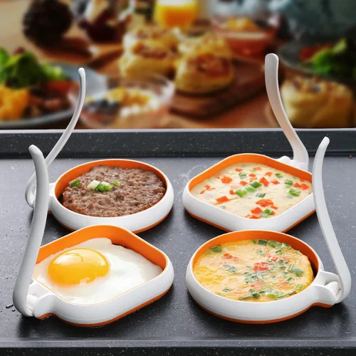 GOYLSER Anillos de Huevo de Silicona Blancos de Grado Alimentario, 2 Paquetes de Anillos de Huevo Cuadrados + 2 Paquetes de Moldes de Huevo Redondos