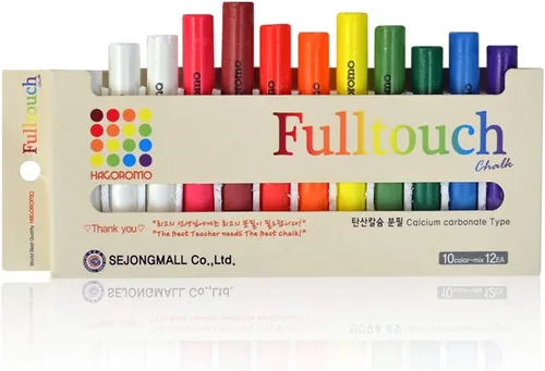 Hagoromo Fulltouch Tiza de Color - No Tóxica [12 Piezas/Mezcla de 10 Colores] 1 Caja, Tiza Lavable Sin Polvo para Niños y Profesionales, Acera y