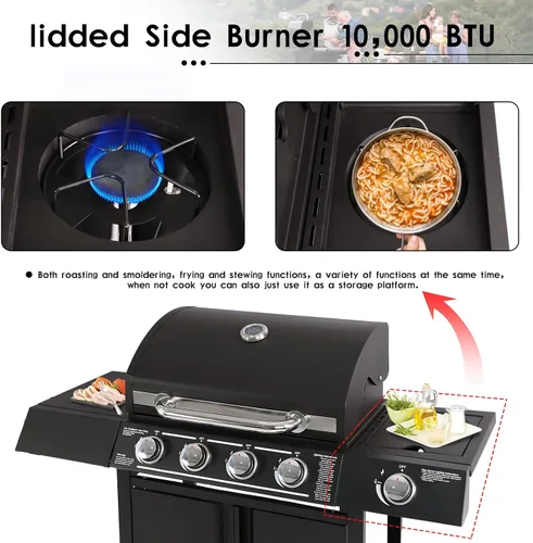 Miniatura 4 de LEISU Parrilla de gas propano de 4 quemadores con quemador lateral y rejillas de hierro fundido, parrilla de salida de 50,0000 BTU para cocina