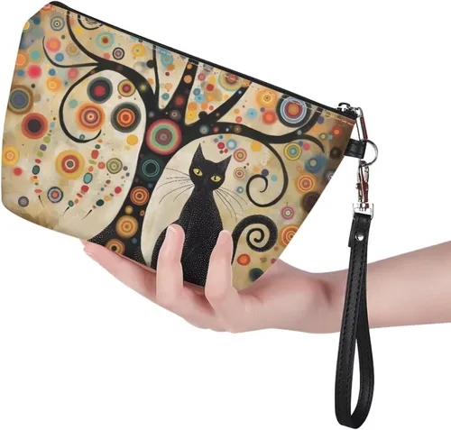 Miniatura 3 de Howilath Abstract Art Cat Cosmetic Pouch for Women PU Leather Toiletry Storage Bag Trapezoid Makeup Bags with Wrist Strap