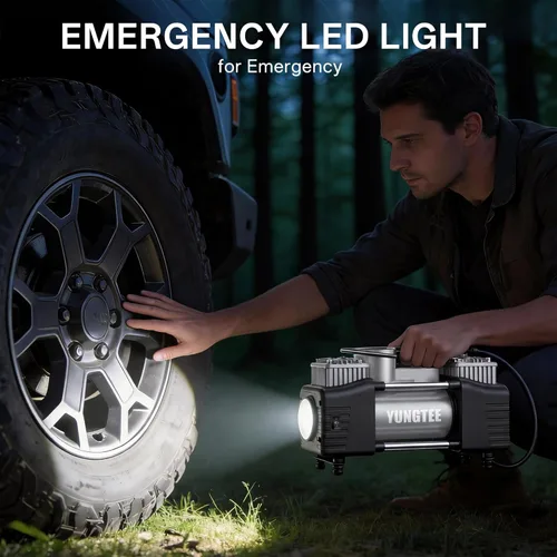 Miniatura 7 de YUNGTEE Inflador de neumáticos plateado, bomba de inflado de accionamiento directo de doble cilindro resistente, bomba de compresor de aire portátil