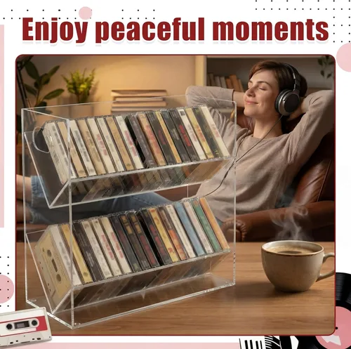 Miniatura 4 de Kathfly Soporte de cinta de casete de acrílico transparente, moderno, 2 niveles, retro, cinta de audio, estante de almacenamiento con asas