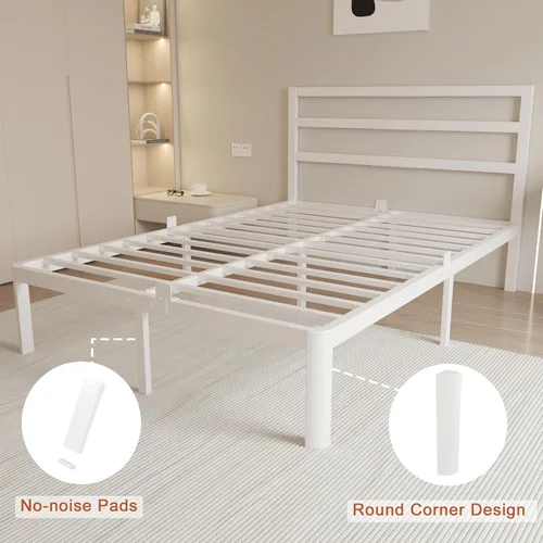 Miniatura 6 de Base de cama individual de 14 pulgadas con cabecero, marco de cama de metal blanco, sin necesidad de somier, juntas antideslizantes, sin ruido