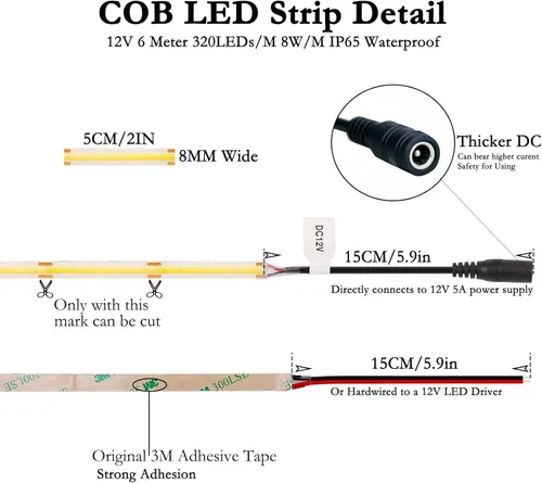 Miniatura 5 de JOYLIT Tira de luces LED COB de 12 V, 20 pies/6M, IP65, impermeable, 3000 K, blanco cálido, 320 LEDs/M CRI 90+, cinta adhesiva brillante, uniforme