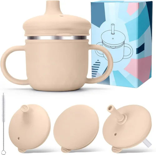 BUSOHA Vasos para sorber de acero inoxidable, 3 en 1 de silicona para niños pequeños, vaso de paja para bebés con cepillo para niños con tapa y