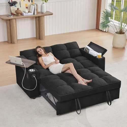 Miniatura 37 de hansones Sofá cama extraíble multifuncional de 66 pulgadas con mesa auxiliar oculta, reposabrazos de almacenamiento, puerto de carga integrado