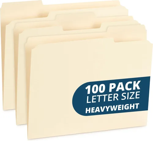 100 carpetas de archivos resistentes Blue Summit Supplies tamaño carta con pestañas reforzadas de corte 1/3, papel manila grueso de 14 puntos,