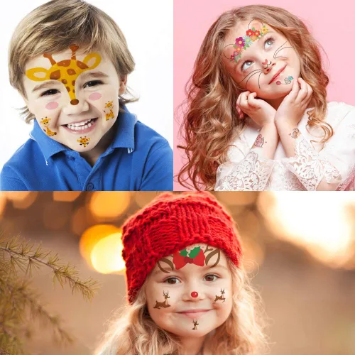 Miniatura 5 de Tatuaje facial temporal de animales para niños, paquete de 10 calcomanías de pintura facial, rellenos de cesta de Pascua, Halloween, Navidad