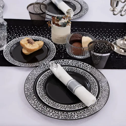 Miniatura 5 de NOCCUR Juego de vajilla de 210 piezas de color negro y plateado para 30 invitados, platos de plástico negro con borde plateado que incluyen 30 Negro