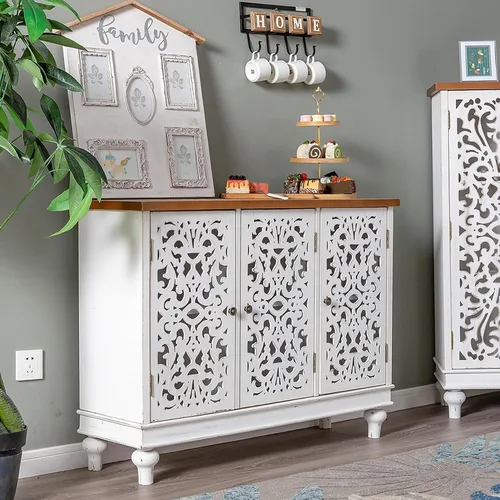 Miniatura 9 de MAISON ARTS Gabinete de Acento Pequeño con Una Puerta, Gabinete de Almacenamiento Calado Mesa Lateral Envejecida con Patas de Madera Sólida para Azul