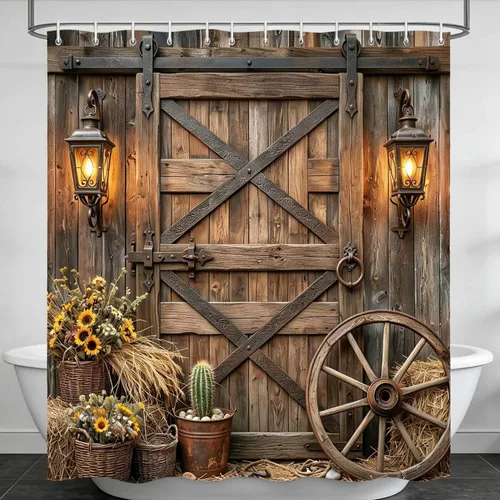 Miniatura 8 de Cortina de ducha de puerta de granero de madera rústica, 60 x 70 pulgadas, beige