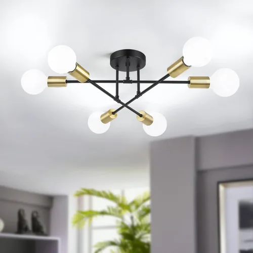Miniatura 17 de Bosceos Lámpara de techo semiempotrada, lámpara de techo Sputnik moderna de 4 luces negras y doradas, lámpara de techo industrial para cocina