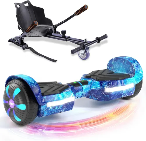 SIMATE Aeropatineta con combinación de accesorios de asiento, 6.5 pulgadas, autoequilibrante, con altavoces Bluetooth y luces LED para niños,