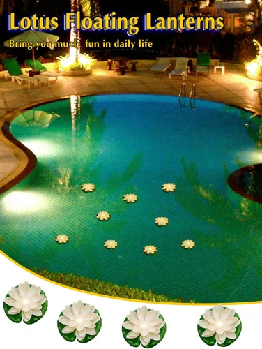 Miniatura 4 de Hortsun 9 luces flotantes de loto con pilas, almohadillas de lirio, flores de piscina, velas flotantes, decoración de plantas de estanque