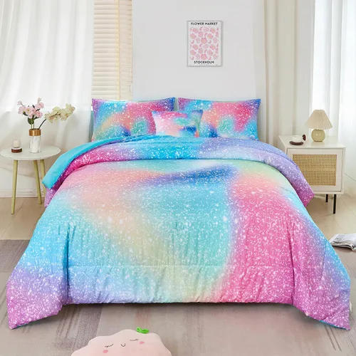 Miniatura 11 de RYNGHIPY Juego de ropa de cama tamaño matrimonial de sirena para niñas, colorido arco iris, juego de edredón con sábanas suaves y ligeras, 6 piezas