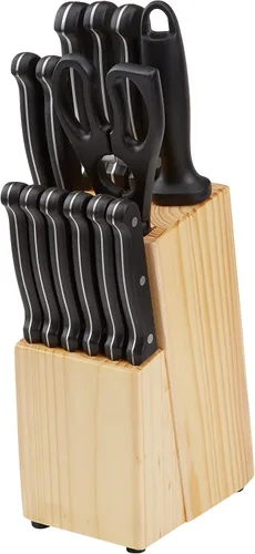 Miniatura 4 de Amazon BasicsJuego de cuchillos de cocina de 14 piezas, cuchillas de acero inoxidable de alto carbono con bloqueo de madera de pino, negro