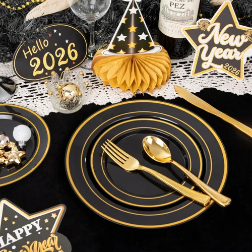 Miniatura 6 de WDF 125 platos negros desechables con borde dorado y cubiertos desechables de plástico dorado para Halloween, 50 platos de graduación, 25 tenedores