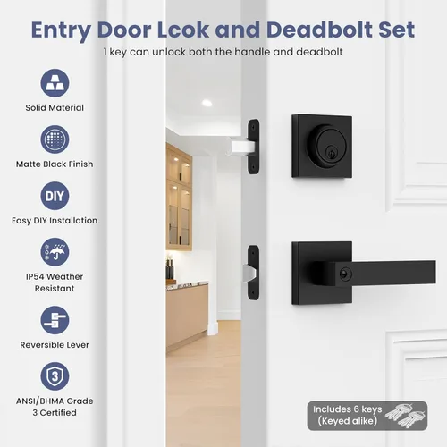 Miniatura 2 de Estmoon Cerraduras de puerta para puerta delantera, manija de puerta exterior negro mate y cerradura de cerrojo de un solo cilindro, manija
