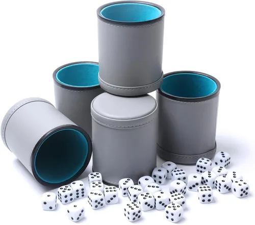 Paquete de 5 dados de piel sintética con forro de fieltro silencioso con 30 dados de puntos para juegos de dados Yahtzee Farkle, gris