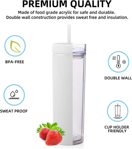 Miniatura 2 de Volhoply Paquete a granel de 4 vasos delgados de plástico de 20 onzas, vaso de doble pared con tapa y popote, taza reutilizable de viaje para café