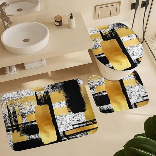 Miniatura 6 de Juego de 4 cortinas de ducha de arte geométrico moderno abstracto, estilo grunge, negro, blanco, dorado, impreso, juego de decoración de baño
