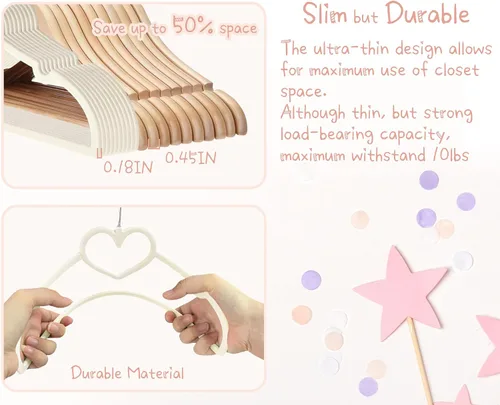 Miniatura 6 de Perchas de terciopelo beige con forma de corazón, paquete de 50 perchas para niños pequeños de 13 pulgadas con 20 clips, ultra delgadas y apilables
