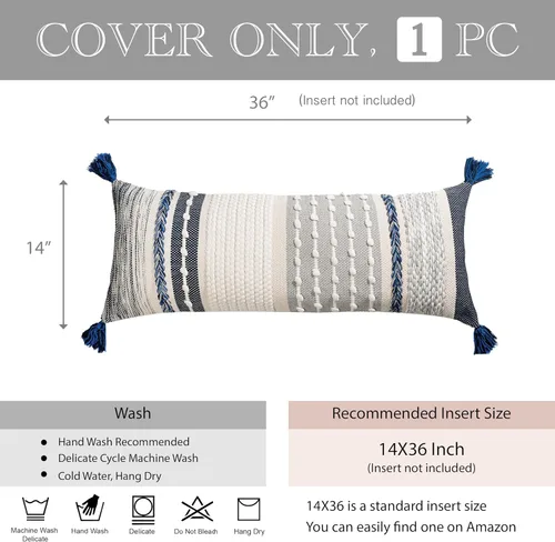 Miniatura 6 de BlissBlush Funda de almohada lumbar decorativa bohemia azul marino de 14 x 36 pulgadas, almohada corporal larga para cama, almohada lumbar Azul