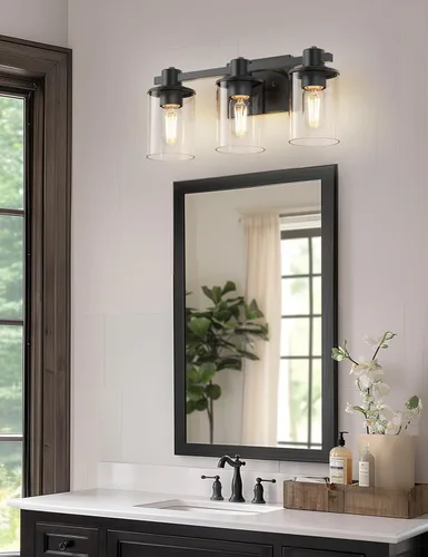Miniatura 2 de L LOHAS LED Lámpara de baño negra de 3 luces sobre el espejo, moderna lámpara de tocador negra mate con pantalla de vidrio transparente, luces
