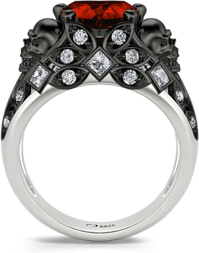 Miniatura 4 de Jeulia Juego de anillos de compromiso de calavera de 2.55 quilates, plata de ley, corte de corazón, diamantes rojos, anillos de rubí, circonita