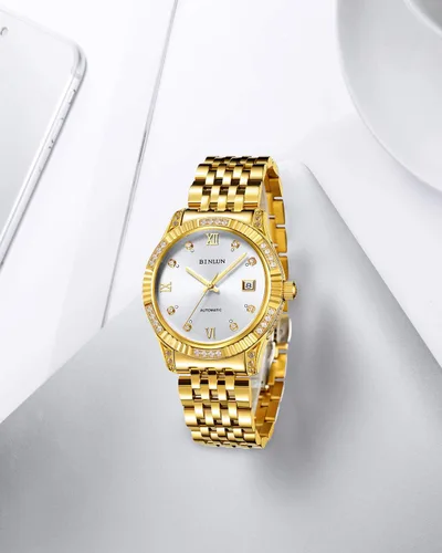Miniatura 23 de BINLUN Reloj de pulsera para hombre, mecánico automático, reloj dorado con cuerda automática, elegante, chapado en oro de 18 quilates, relojes