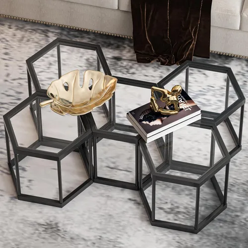 Miniatura 8 de Mesa de centro moderna de cristal, mesa de centro de cristal combinada, sin hexágonos, mesas auxiliares pequeñas con marco de metal para sala