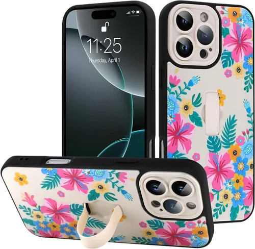 Miniatura 130 de Funda diseñada para iPhone 17 Pro Max con soporte plegable y correa para dedos, bonito patrón de lazo de corazón de flor rosa para mujeres y niñas