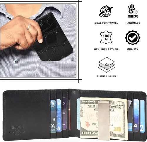 Miniatura 4 de S S SHACHI Cartera de cuero para hombre con bloqueo RFID, bolsillo frontal con 9 ranuras, cuero auténtico de grano completo, tarjetero múltiple