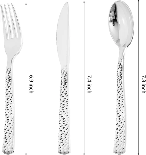 Miniatura 2 de Nervure 300 cubiertos de plástico plateado – cubiertos de plata desechables – Los utensilios de plástico martillado incluyen 100 tenedores, 100
