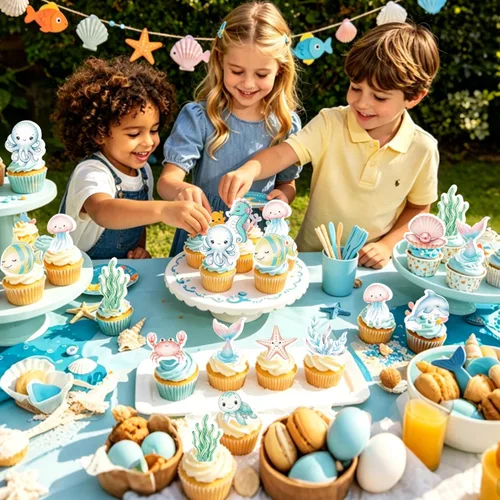 Miniatura 4 de 40 piezas comestibles bajo el mar, sirena, cupcakes, algas, pulpos, estrellas de mar, cupcakes, lindos animales del océano, selecciones de alimentos