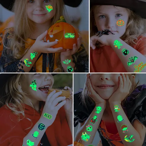 Miniatura 3 de Tatuajes temporales de Halloween para niños, paquete de 20 tatuajes de fiesta que brillan en la oscuridad, decoraciones de fiesta de cumpleaños