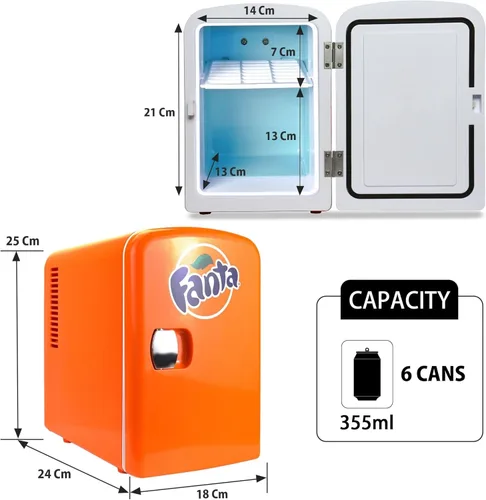 Miniatura 4 de Fanta Mini refrigerador – Refrigerador de 6 latas para dormitorio, oficina, enfriador de bebidas portátil de mesa, refrigerador de 12 V 110 V